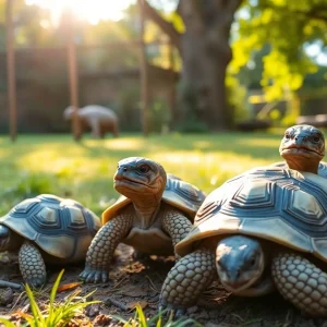 Three hatchlings of Galapagos tortoises in a zoo enclosure.