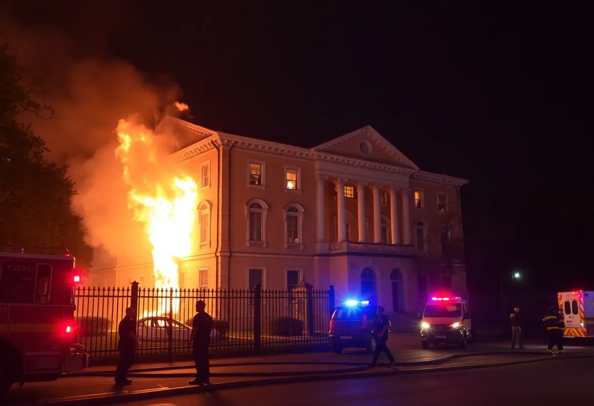Emergency responders at the scene of the arson attack on the governor's residence.