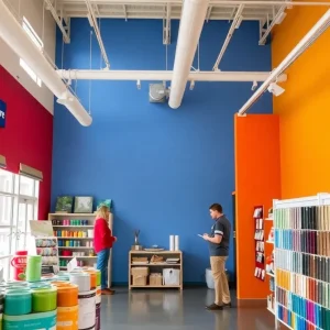 Interior of Grauer's Paint & Decorating store with paint samples
