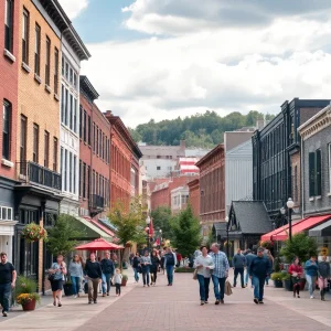 Colorful and bustling downtown Harrisburg with shops and residents.