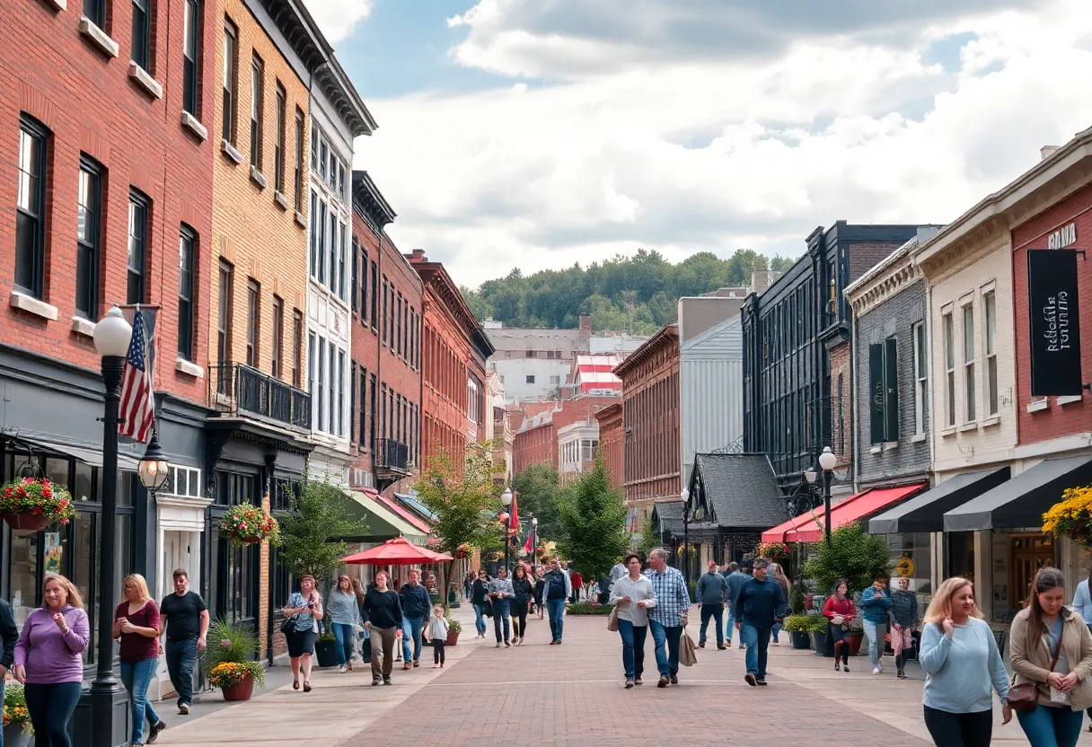 Colorful and bustling downtown Harrisburg with shops and residents.