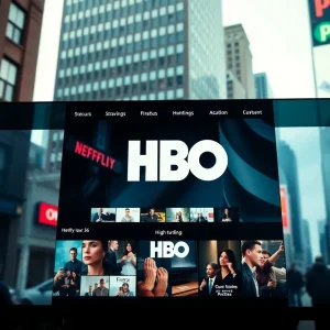 Logo of HBO Max with a streaming interface in the background
