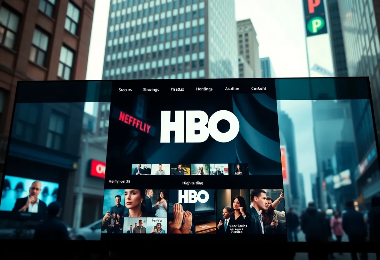 Logo of HBO Max with a streaming interface in the background