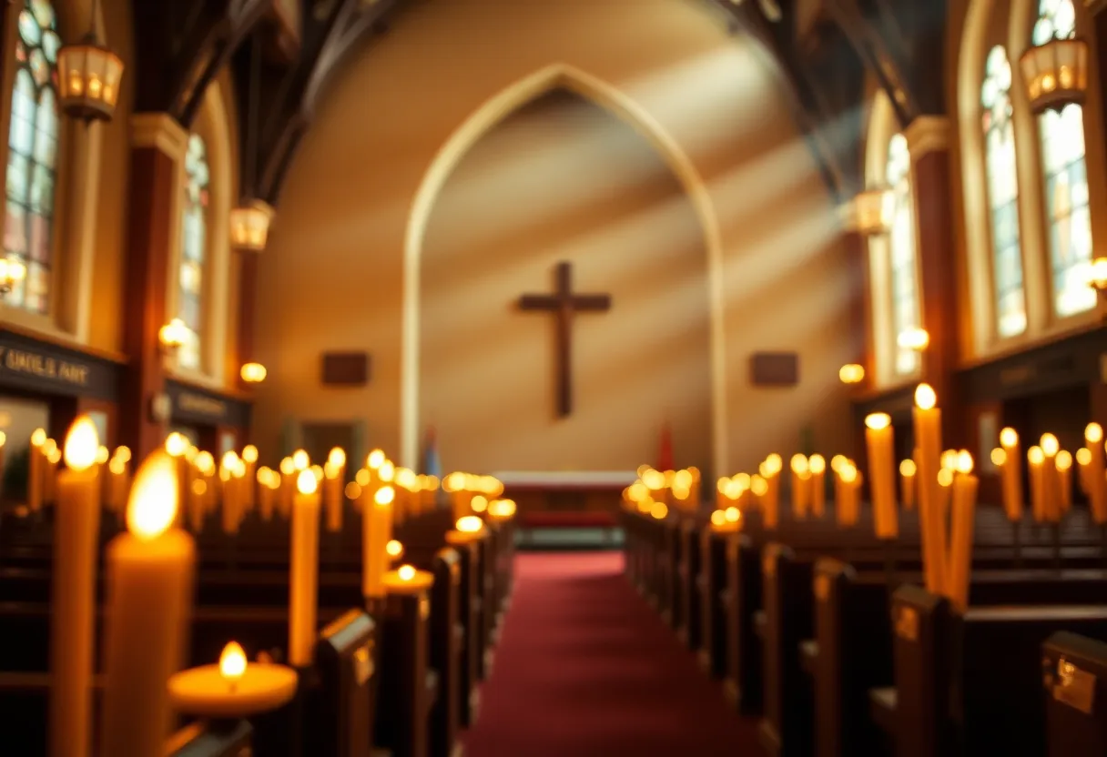 A serene church interior with candles symbolizing hope
