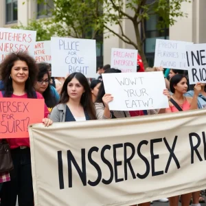 A diverse group of advocates rallying for intersex rights