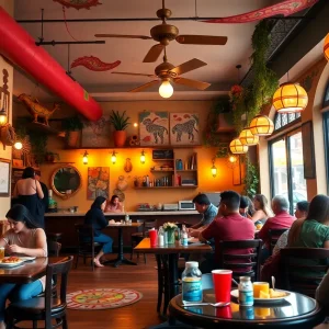 Interior view of La Jefa Cafe with patrons enjoying brunch