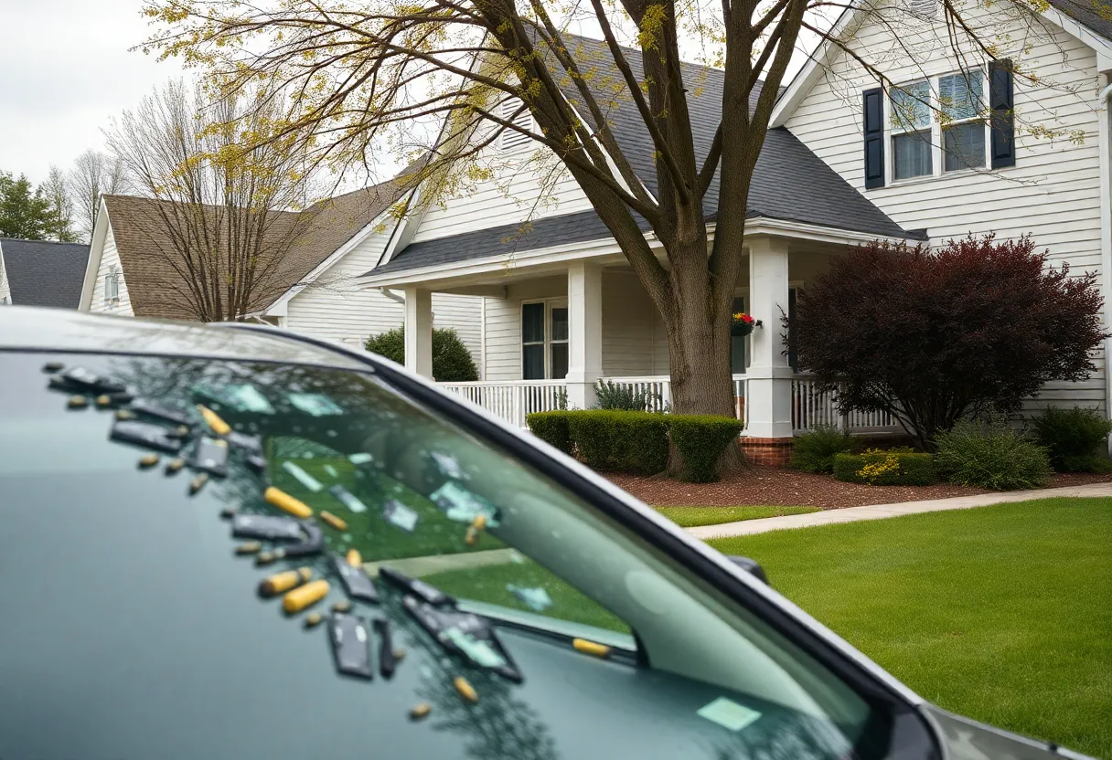 Front door of a house with bullet holes after a shooting incident
