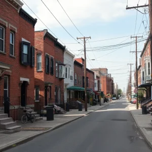 A street view in Philadelphia without people, indicating the heat of summer.