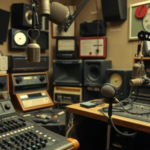Empty radio studio equipment symbolizing layoffs in local broadcasting.