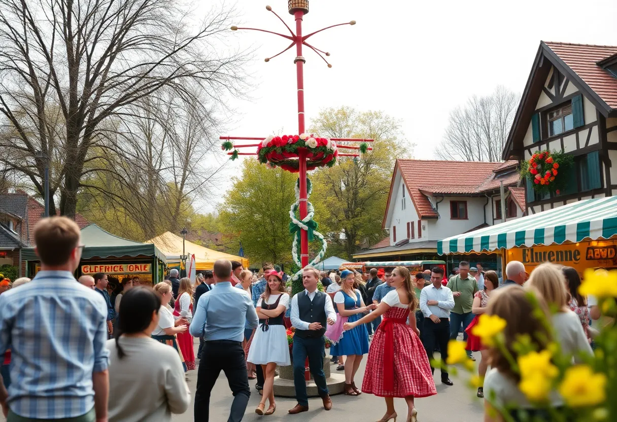 Participants celebrating at the Maifest Spring Festival with a Maypole in Philadelphia.