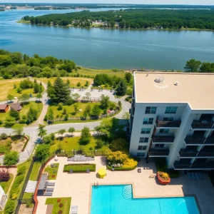 Aerial view of Matson Mill apartment complex with amenities