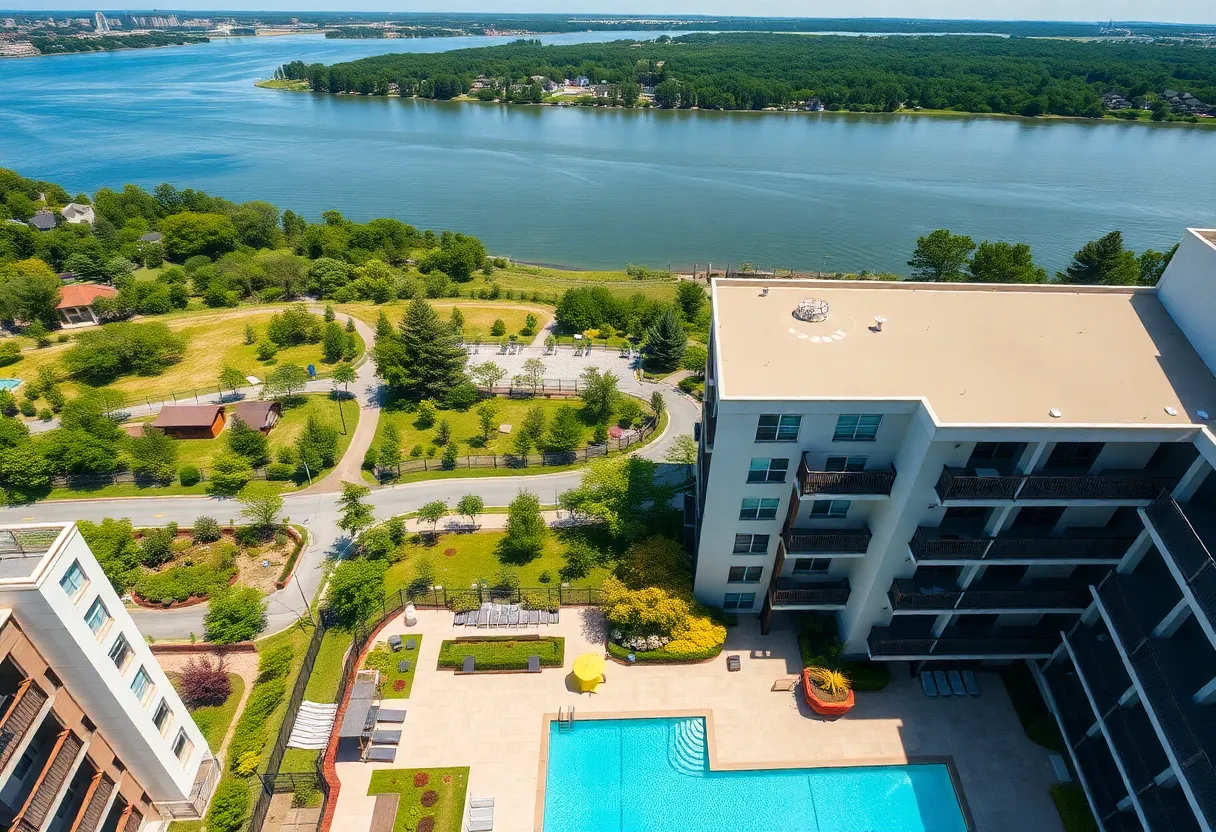 Aerial view of Matson Mill apartment complex with amenities