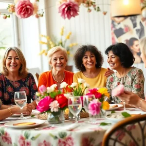 Mothers celebrating at a brunch event with spring decorations.