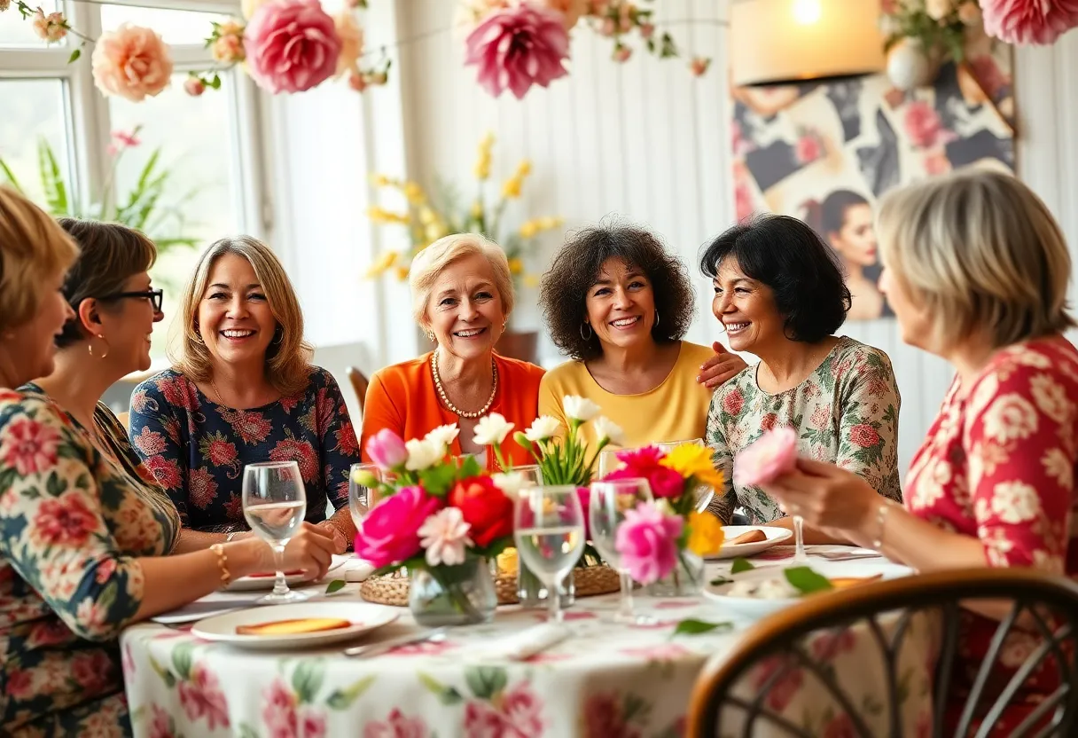 Mothers celebrating at a brunch event with spring decorations.