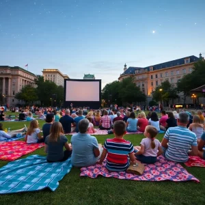 Families enjoying an outdoor movie night at Independence Mall