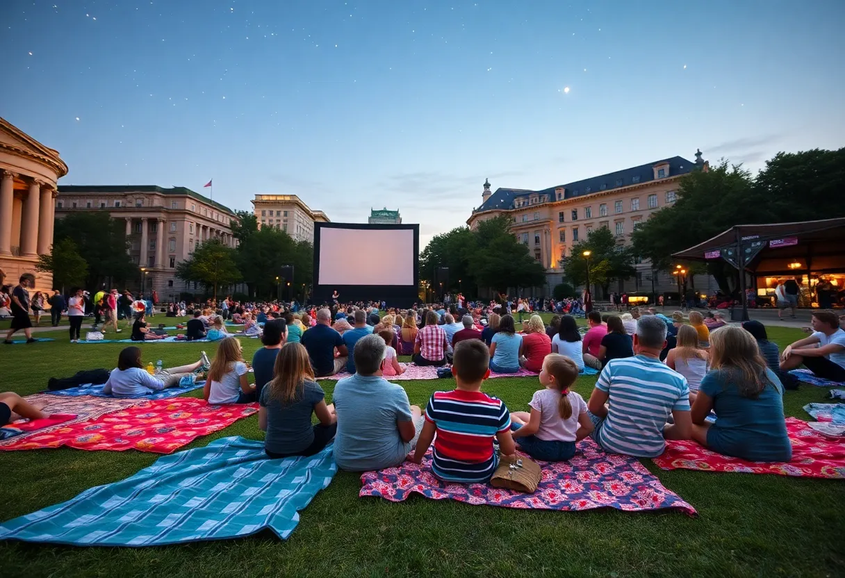 Families enjoying an outdoor movie night at Independence Mall