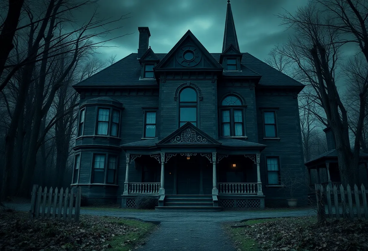 A dark, ominous mansion resembling the Murder Castle associated with H.H. Holmes.