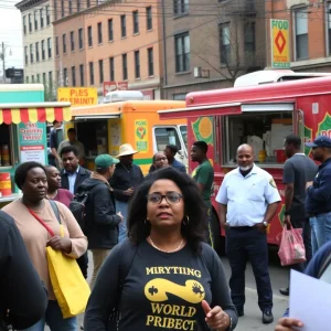 Colorful food trucks in North Philadelphia with community members nearby