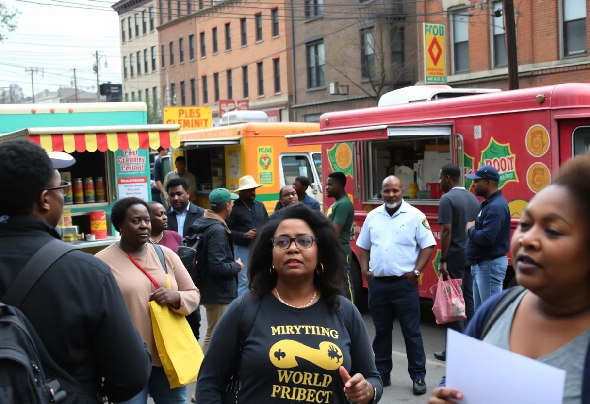 Colorful food trucks in North Philadelphia with community members nearby