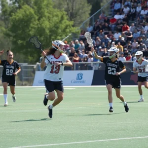 Lacrosse players in action during a tournament match