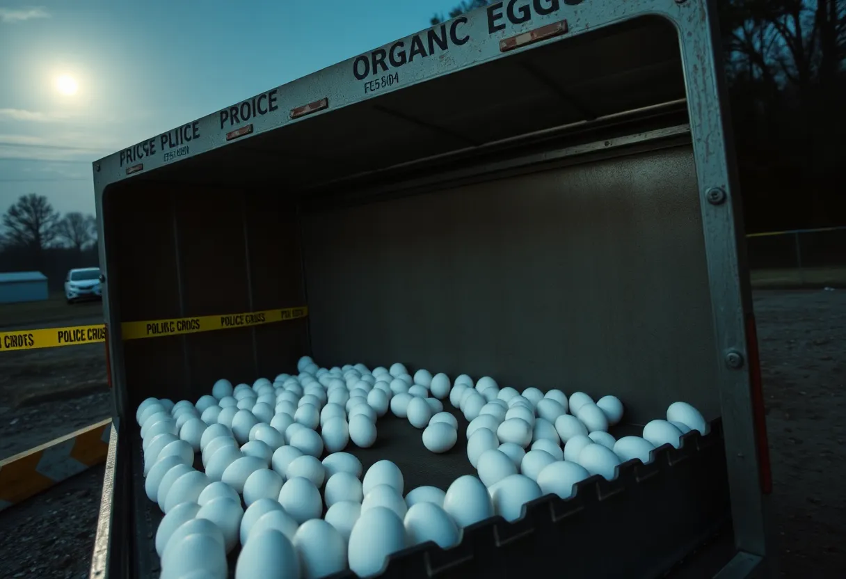 Trailer displaying empty space where organic eggs were stolen in Pennsylvania.