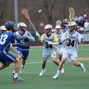 Penn State men's lacrosse team in action during a comeback game against Notre Dame.