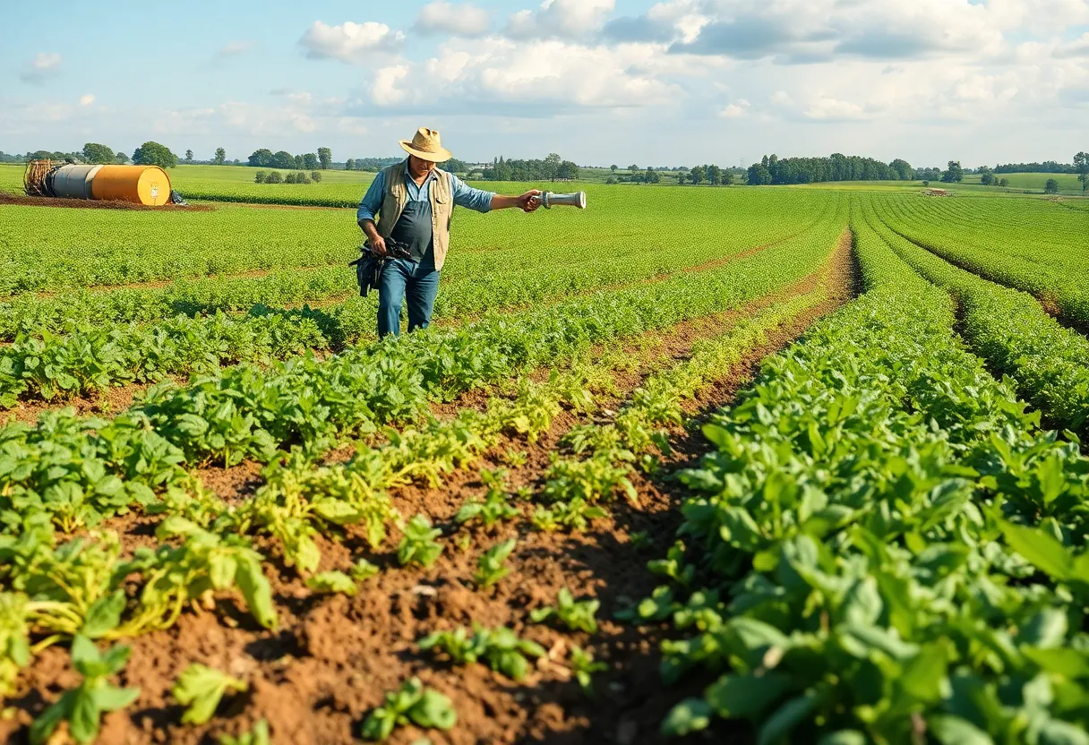 Farmers implementing advanced agricultural technologies in a sustainable setting.