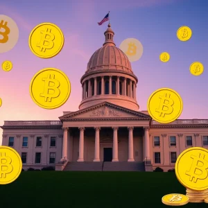 Image of Pennsylvania state capitol with Bitcoin symbols