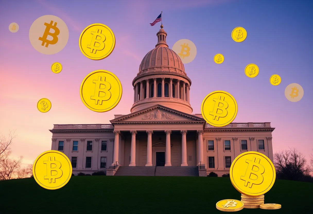 Image of Pennsylvania state capitol with Bitcoin symbols