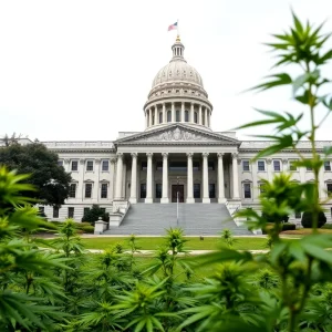 Illustration of Pennsylvania State Capitol with cannabis plants