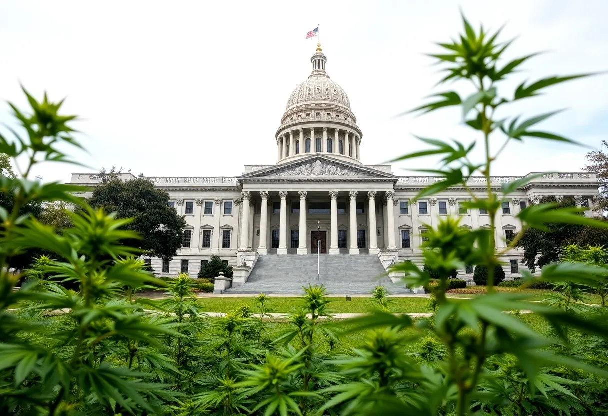 Illustration of Pennsylvania State Capitol with cannabis plants