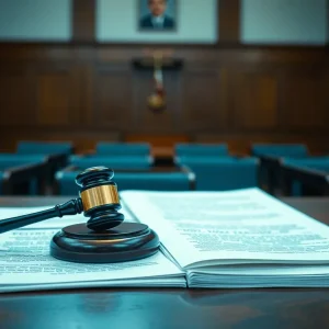 A courtroom scene depicting a gavel and legal documents about gun laws in Pennsylvania.
