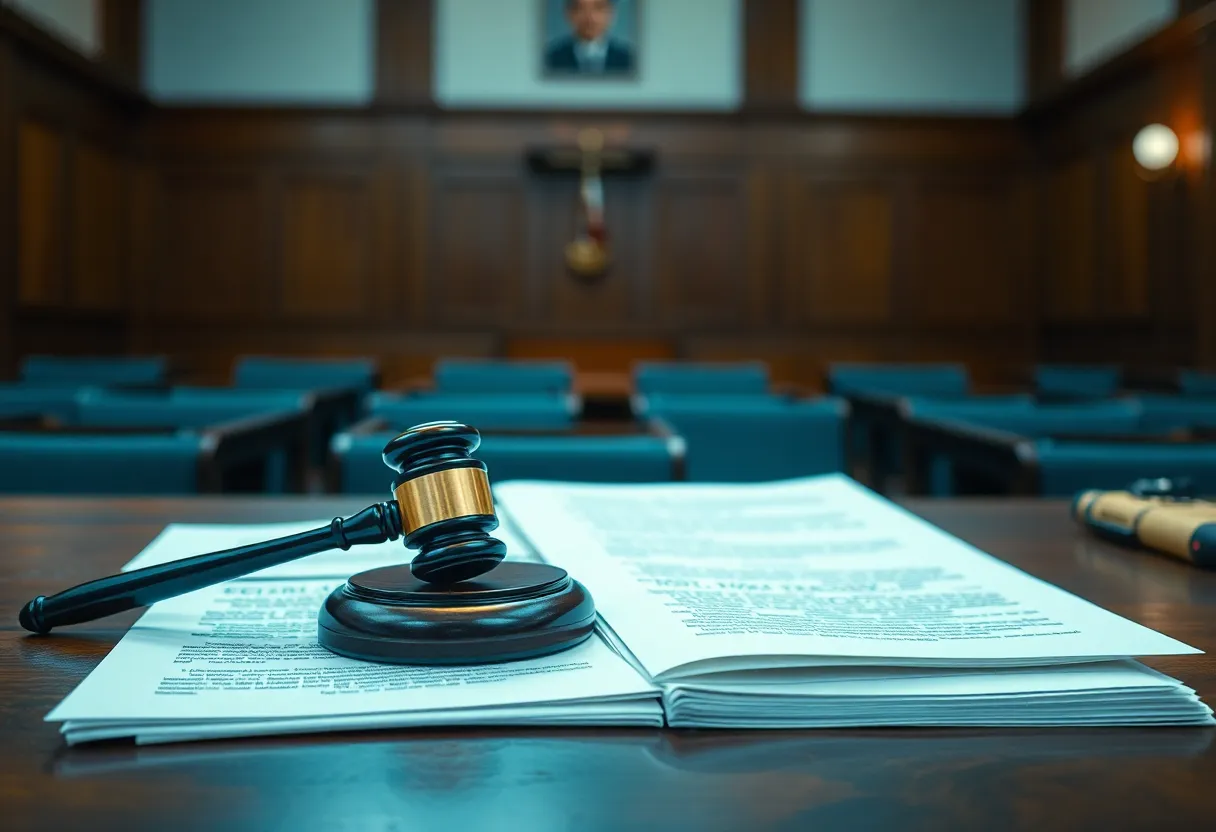 A courtroom scene depicting a gavel and legal documents about gun laws in Pennsylvania.