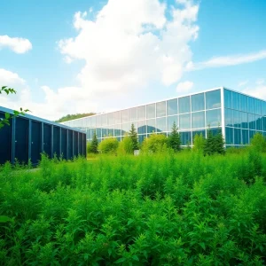A view of a modern data center in Pennsylvania surrounded by green landscapes.