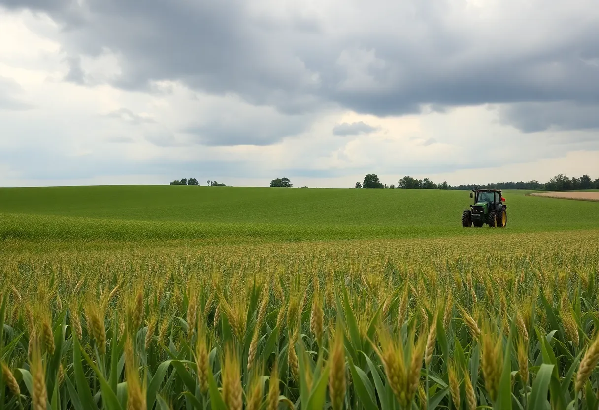 A picturesque view of a Pennsylvania farm with crops, representing the agricultural impact of trade policies.