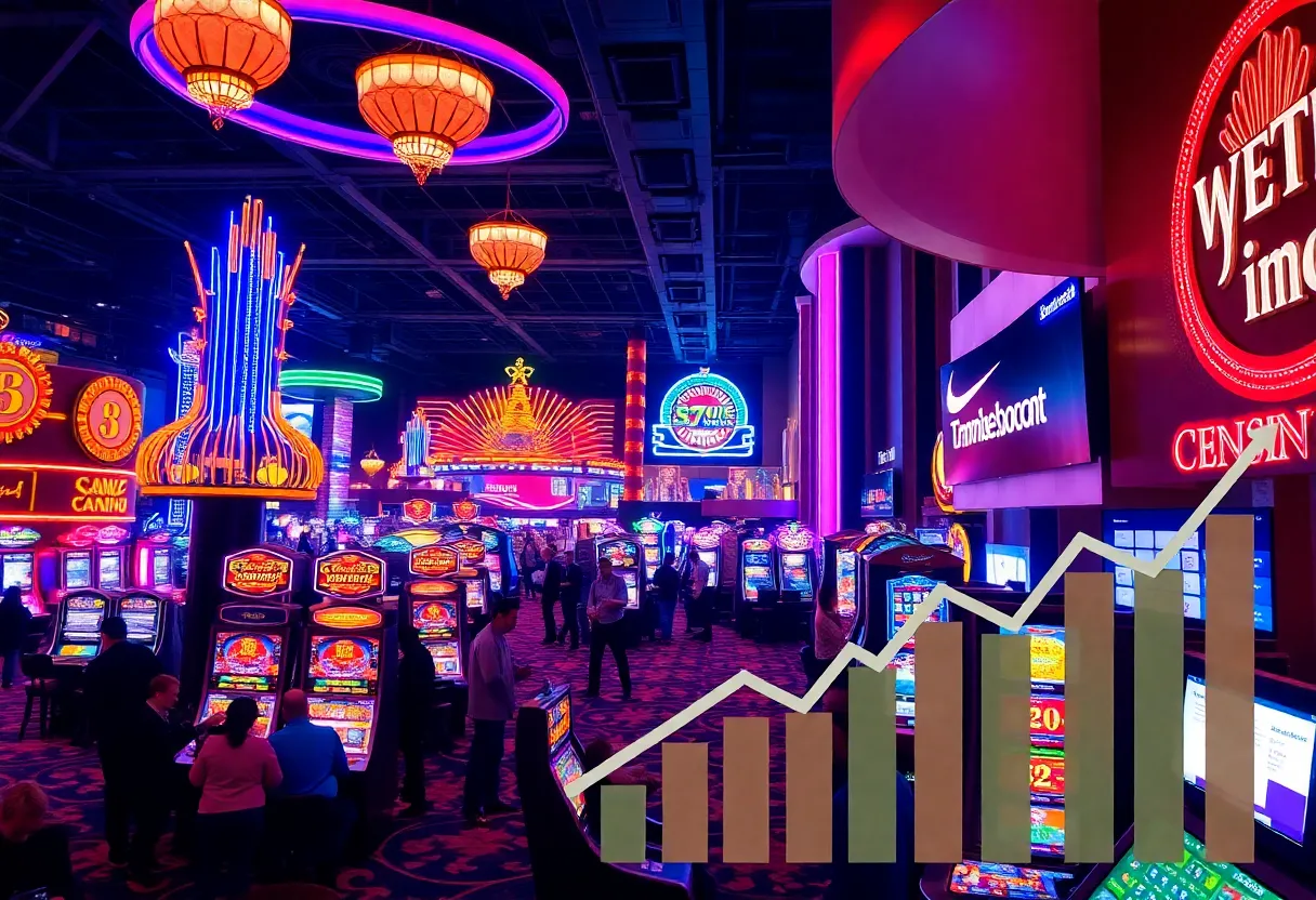 A lively casino environment in Pennsylvania showcasing gamblers and gaming machines.