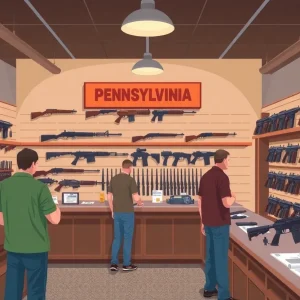 Visitors in a Pennsylvania gun shop considering firearm purchases.