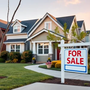 Picturesque suburban neighborhood with homes for sale.