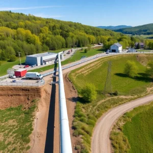 A view of natural gas development in Pennsylvania with community structures.