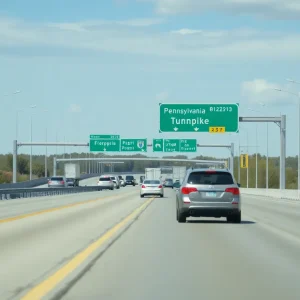 Vehicles traveling on the Pennsylvania Turnpike with clear signage indicating safety improvements.