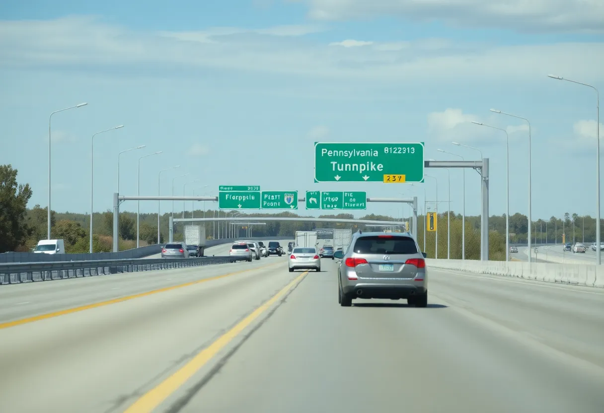 Vehicles traveling on the Pennsylvania Turnpike with clear signage indicating safety improvements.