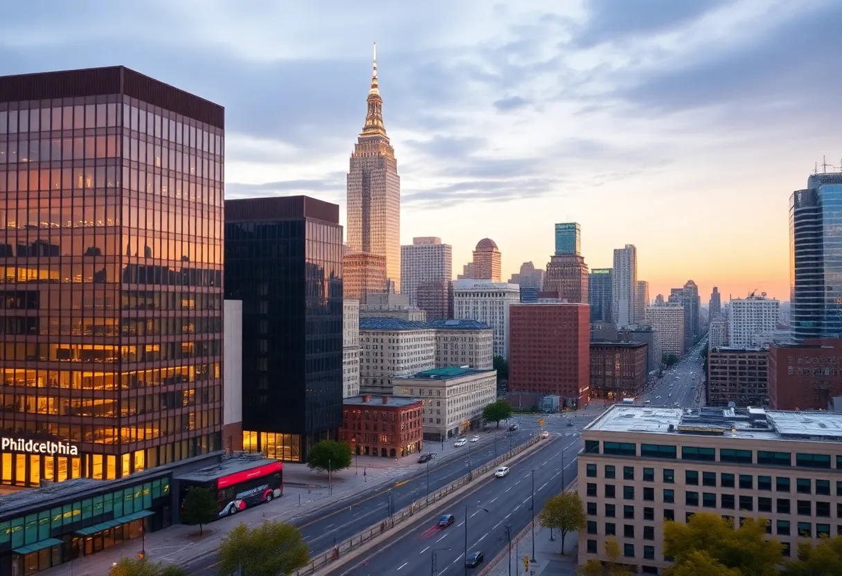 Philadelphia skyline with business imagery