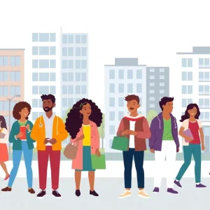 Illustration of community services in Philadelphia with diverse individuals and modern buildings.