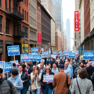 Campaign signs and people discussing politics in Philadelphia.