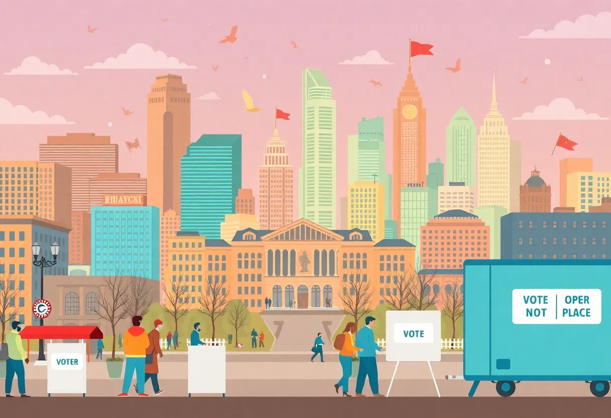 Philadelphia skyline with voters during the primary election