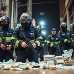 Police officers conducting a drug raid in Philadelphia