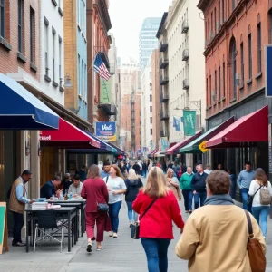 City street in Philadelphia bustling with businesses and people.