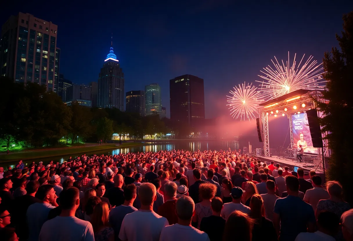 Crowd enjoying the Philadelphia Fourth of July Concert with fireworks in the background.