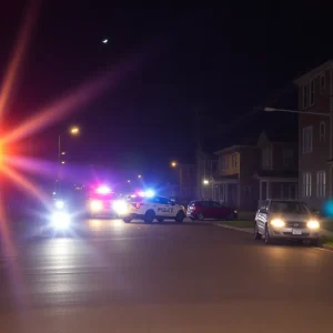 Police lights in a Philadelphia neighborhood during a homicide investigation.