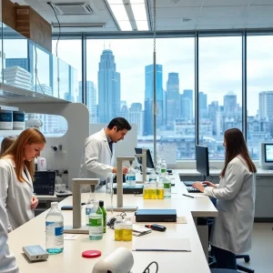 A modern life sciences laboratory in Philadelphia with researchers working.